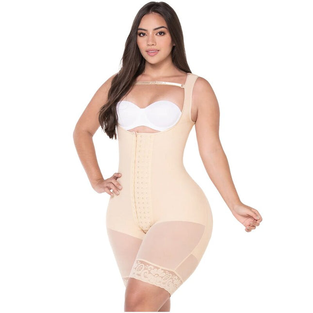 0485 Snatched Body – high-compression post-surgery recovery shapewear with butt lifting, open bust, and mid-thigh length